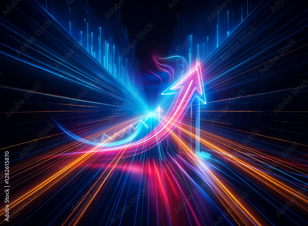 Poster vibrant double exposure of a glowing neon arrow pointing upwards, surrounded by streaks of light and