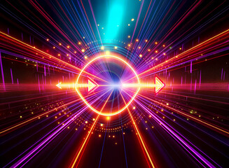 Obraz premium Abstract double exposure image featuring a glowing circle with arrows emanating radial lines in vibrant orange, red, purple, and blue hues, creating a futuristic, dynamic, and energetic visual.
