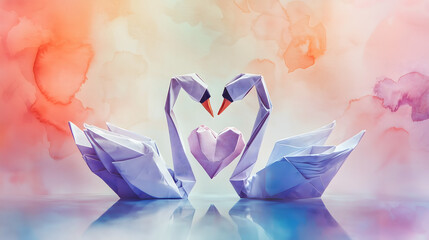 Whimsical Origami Swans Valentine’s Day 2025 – Heart-Shaped Love Scene with Soft Pastel Watercolor Background, Premium Craftsmanship, Editable Vector for Greeting Cards & Wall Art