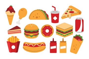 Fast food element collection. Pizza, burger, hot dog, sandwich, tacos, soda, donut. Street food concept flat syle