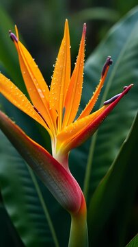 Bird of paradise flower with dew in lush green foliage