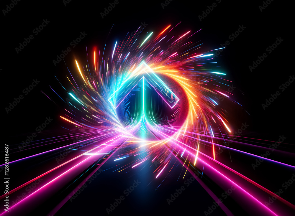 Poster double exposure of a vibrant glowing arrow inside a square frame with dynamic colorful light trails 