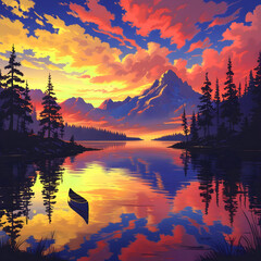 A stunning sunset with orange and purple hues over a serene lake.