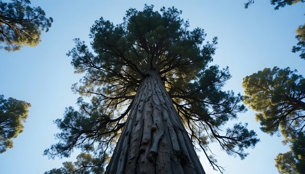 Looking Up at Towering Redwood Tree Against Clear Blue Sky