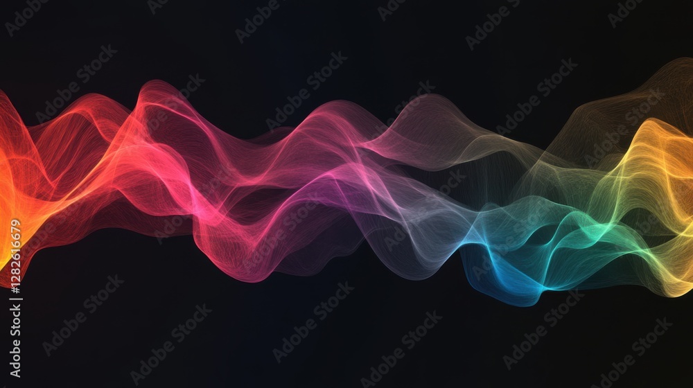 Poster abstract colorful smoke waves floating on a dark background, seamless looping for 4k video animation