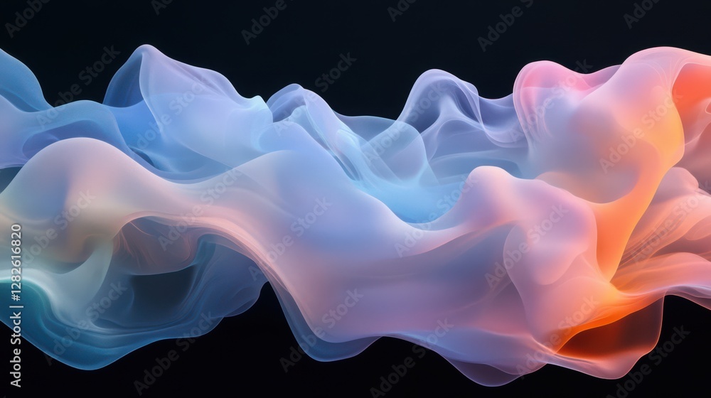 Poster abstract colorful smoke waves floating on a dark background, seamless looping for 4k video animation