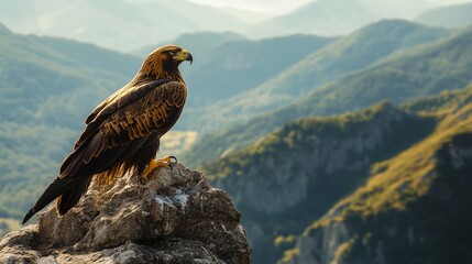 Fototapeta premium Majestic Golden Eagle Perched on Mountain Peak, Breathtaking Landscape