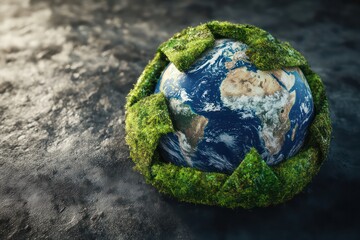 A 3D-rendered Earth with a recycle symbol wrapped around it, symbolizing eco-friendly global initiatives.