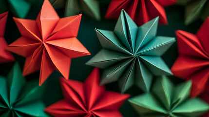 Christmas Origami Stars 2025 - Vibrant Red & Green Paper Design, Editable Vector for Holiday Web Banners & App Development, Warm Festive Lighting