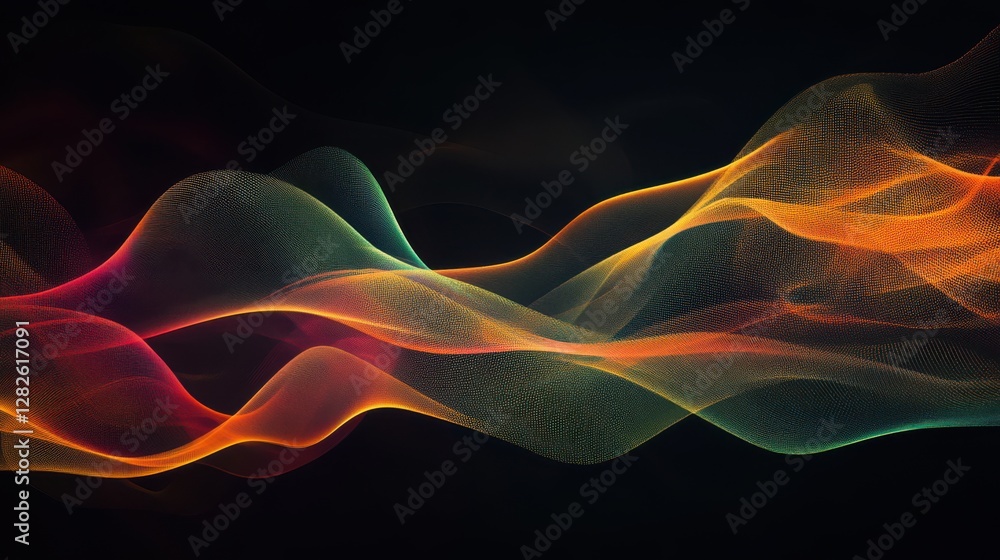 Poster abstract colorful smoke waves floating on a dark background, seamless looping for 4k video animation