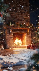 Obraz premium Cozy Christmas fireplace scene with snow, festive decor, and presents
