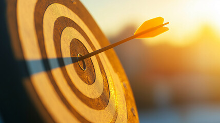 A red dart arrow hitting the center of a dartboard against a sunset background, with soft ambient light and a blurred backdrop, symbolizing precision, focus, and achievement. Ideal for concepts 