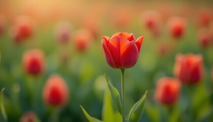 Obraz premium Red Tulip Flower Blooming in Garden During Spring Season at Sunset