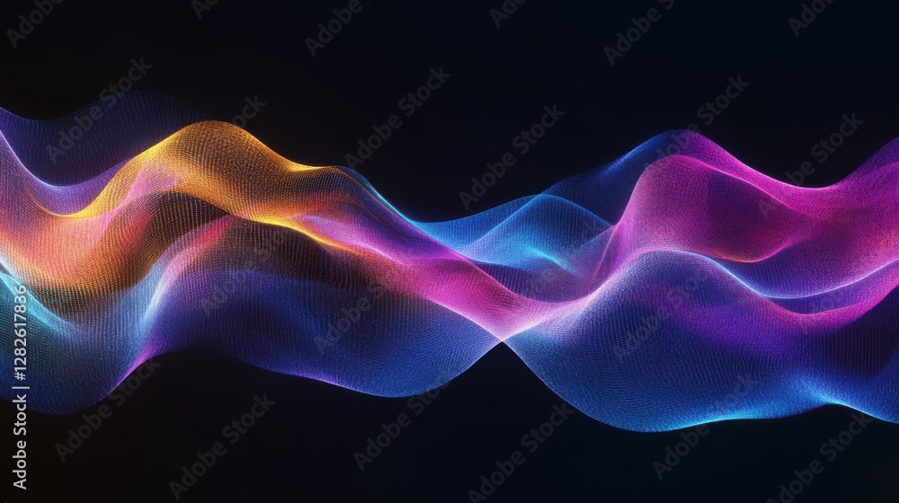 Poster audiovisualization in the form of a wave. the multicolored wave alternately increases from the right