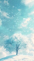 Snowy treetop, winter landscape, snowfall, serene scene