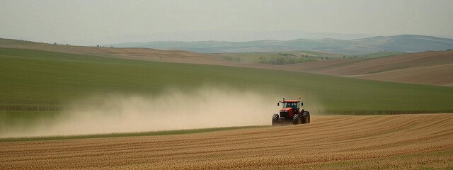 A tractor in a soybean field during the spring season, captured from a side view with soft ambient light and a blurred green field background, highlighting the agricultural landscape.
