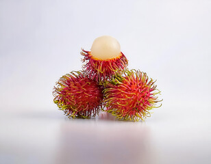 Selected focus photo of three rambutans one of which has been peeled isolated on white background