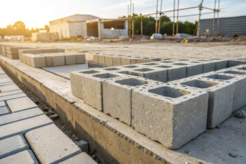 Construction site with concrete blocks and paving stones at sunset
