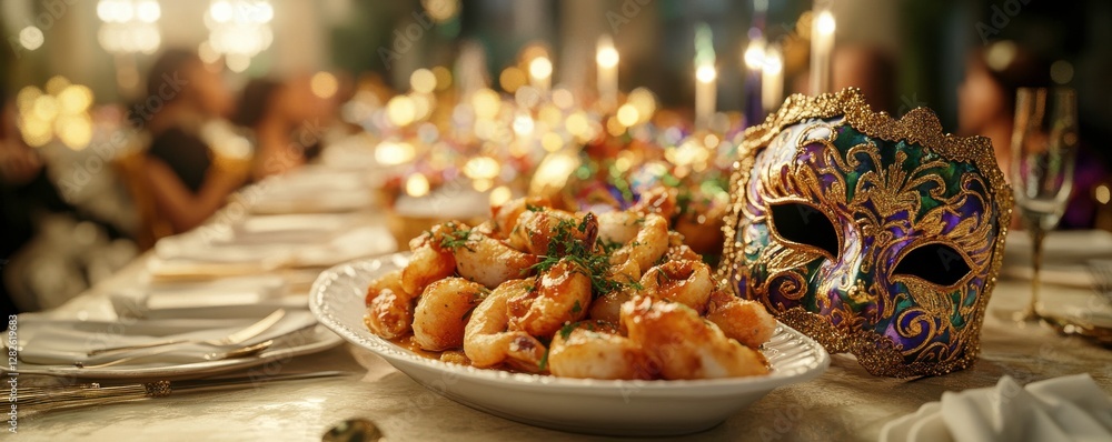 Poster a beautifully set dining table with an array of shrimp dishes, adorned with candles and a colorful m