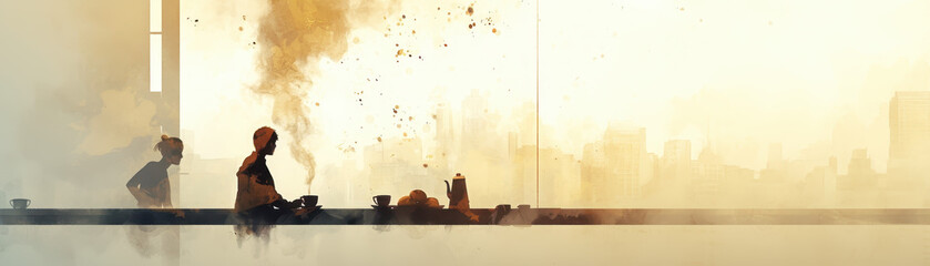 Serene Morning in Urban Cafe with Barista Preparing Fresh Coffee