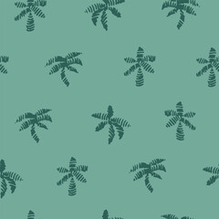 Half drop seamless repeat pattern with ditsy tonal teal green palm tree silhouettes in hand drawn brush strokes. Men, boys, tropical beach, shirt print, towels, swimwear, coastal packaging.