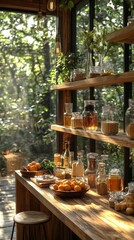 Rustic Wooden Kitchen Interior with Natural Sunlight Shelves Filled with Glass Jars Food and Fresh Oranges on a Wooden Counter in a Warm and Cozy Setting
