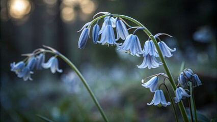 Delicate blue flowers blooming in serene forest setting
