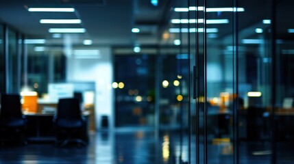 Fototapeta premium Blurred image of modern office interior at night, showing glass walls, desks, chairs, and lighting.