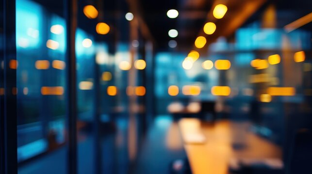 Blurred image of modern office interior with warm and cool lighting.