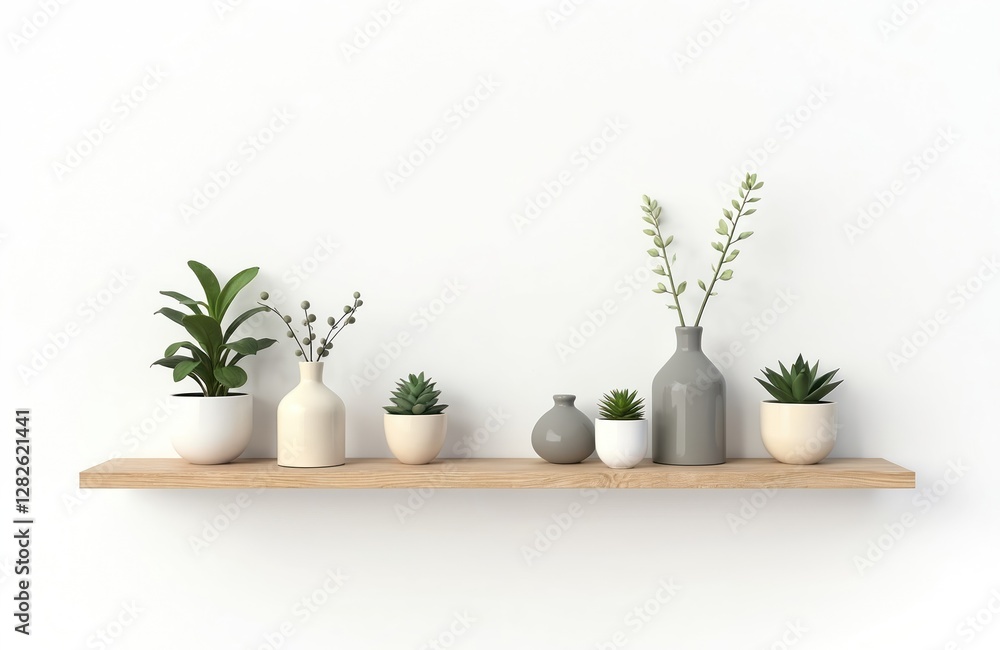 Poster minimalist shelf display with vases and plants on a wooden clear surface against white wall. home in