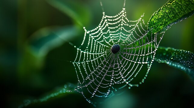 A spider web glistening with dewdrops in a green environment