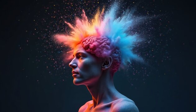 Conceptual art shows head with exploding brain spreading knowledge, inspiration. Colorful lights. Generative AI human profile promotes intelligence, psychology, science, mind power, creative