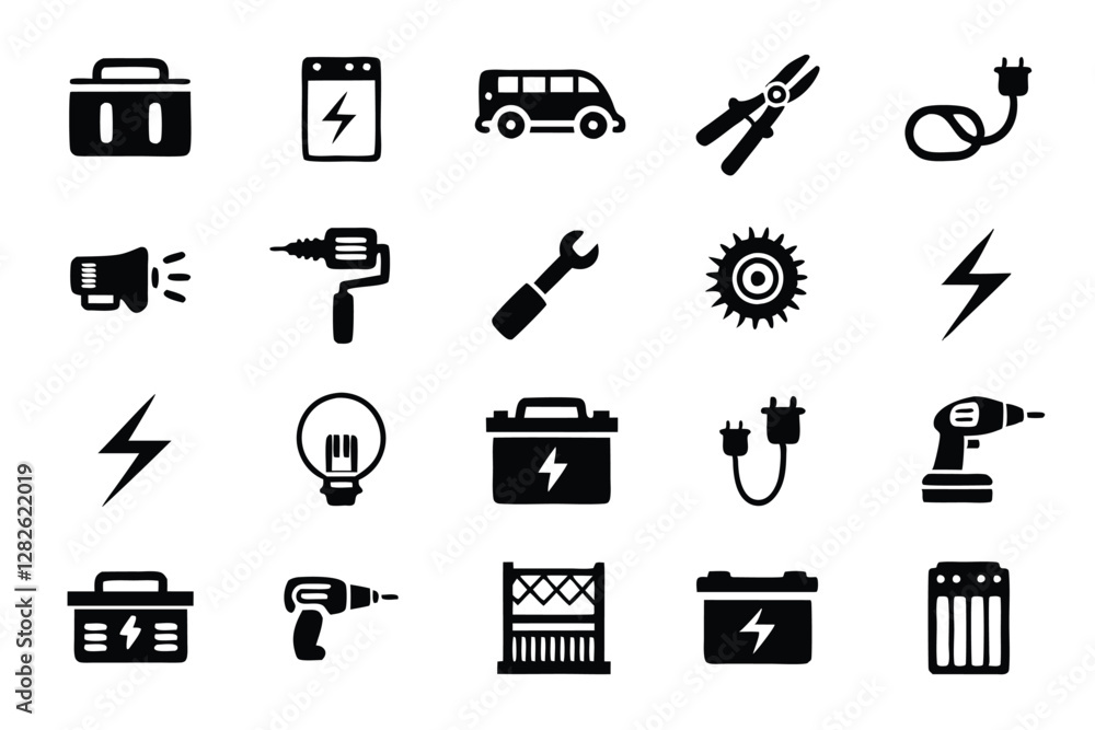 Poster create a pack of 15 high-resolution icons depicting various battery-powered power tools. include div