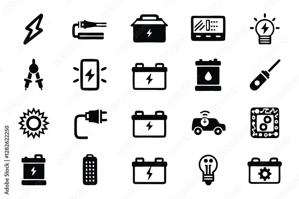 Poster create a set of 15 high-quality vector icons depicting various battery-powered power tools. include 