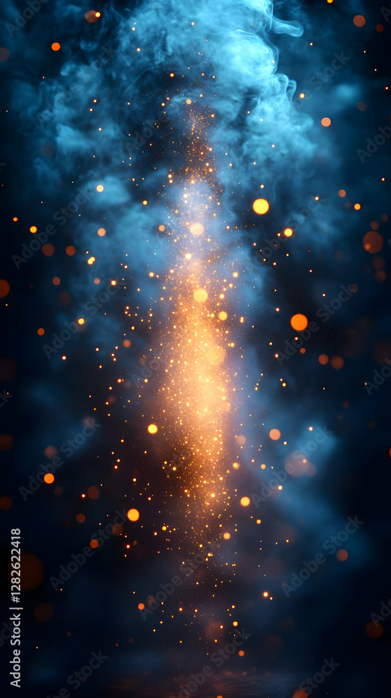 Poster ethereal blue smoke with orange sparkles ascending in a dark abstract background creates a dynamic a