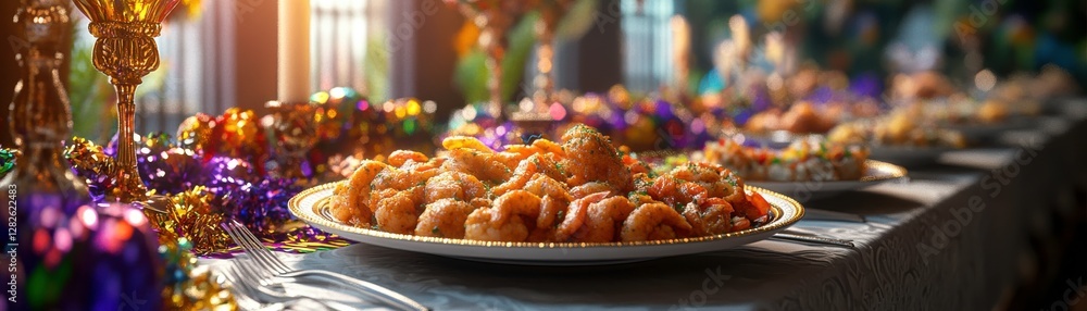 Poster a beautifully set table adorned with festive decorations and an array of delicious pastries, creatin