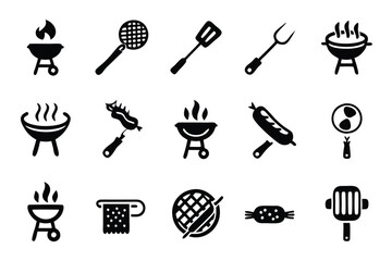 Design an icon pack depicting various BBQ and outdoor cooking tools; include tongs, spatula, grill brush, skewers, and a thermometer.  Focus on a clean, modern style.