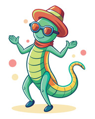 A long, slender, worm-like alien creature wearing sunglasses joyfully dances, showcasing vibrant, expressive movements.