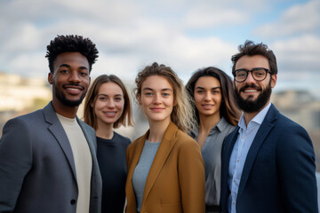 Diversity group of young professionals smiling confidently outdoors, showcasing teamwork and unity. group includes men and women of various ethnicities, dressed business attire