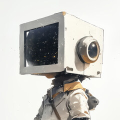 Futuristic Astronaut with Box Head and Cosmic Background