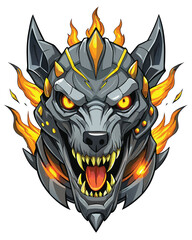 A detailed rendering of a mechanical hellhound's head, featuring intricate gears, glowing yellow eyes, and a menacing expression.  Focus on the metallic textures and illuminated details.