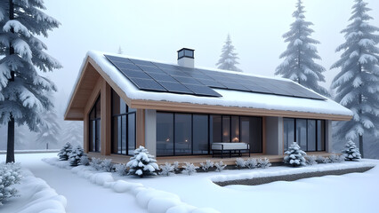 A house facade in a cold region with snow-resistant solar panels. The modern design and durable panels highlight the efficiency of solar energy in snowy climates.
