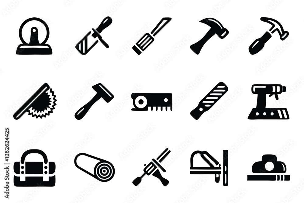 Poster create a vector icon pack showcasing essential carpentry and joinery tools for a woodshop, emphasizi