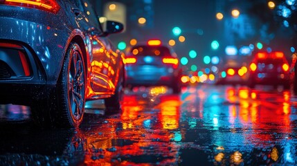 Cars in a rainy city street at night with bokeh lights for automotive industry