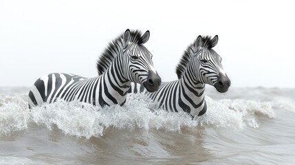 Two zebras wading in water at a natural habitat in the wild