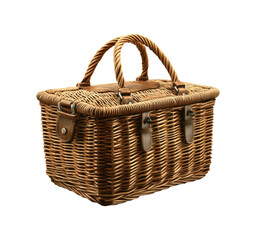 Vintage Wicker Picnic Basket with Sturdy Handles and Classic Design, Isolated on Transparent and White Background