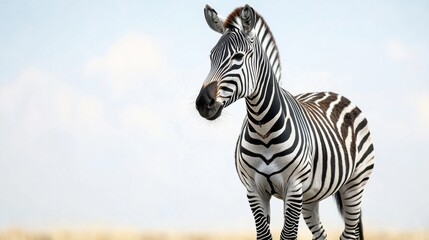 Zebra standing in a green grass field under a clear blue sky in natural habitat