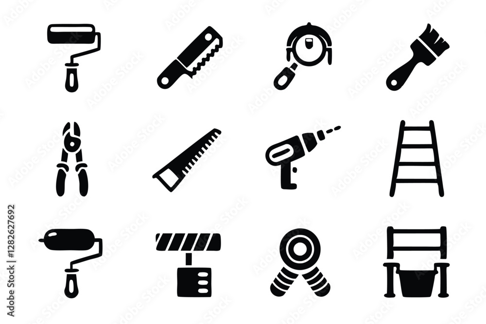 Poster create 15 high-quality icons depicting diy home improvement tools. include common tools like hammers