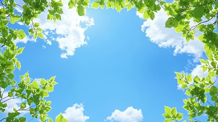 Bright Blue Sky Framed by Lush Green Leaves