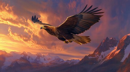 Naklejka premium Majestic Golden Eagle Soaring at Sunset Over Majestic Mountains